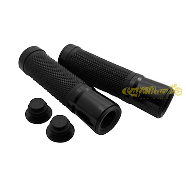 Rubber grips with glossy black metal rings, removable end, for 22 mm handlebars